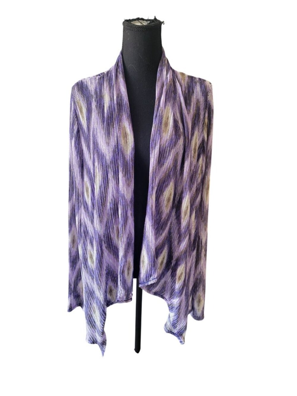 Chico's Purple & White Ikat Geometric Mesh Open Front Cardigan Size 3 (XL) - Picture 2 of 10